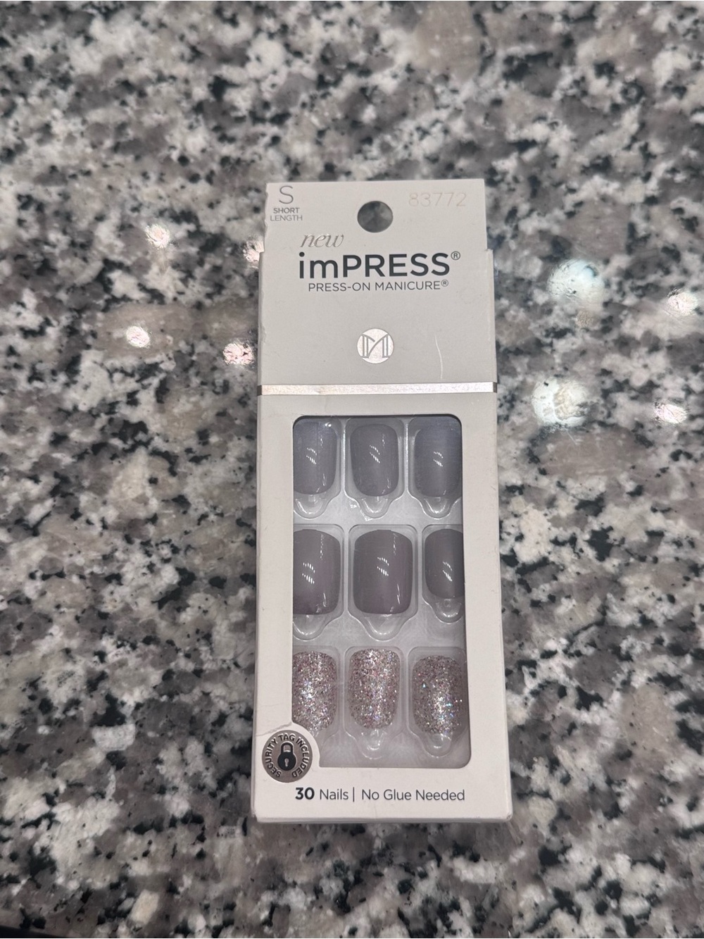 imPRESS Short Length Press-On Manicure – Gray with Silver Glitter Accents